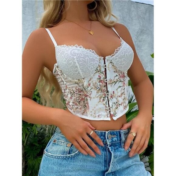 Y2K White Lace Floral Embroidered Bustier Corset Lace Up Cami Crop Top Tank Top - Picture 1 of 6